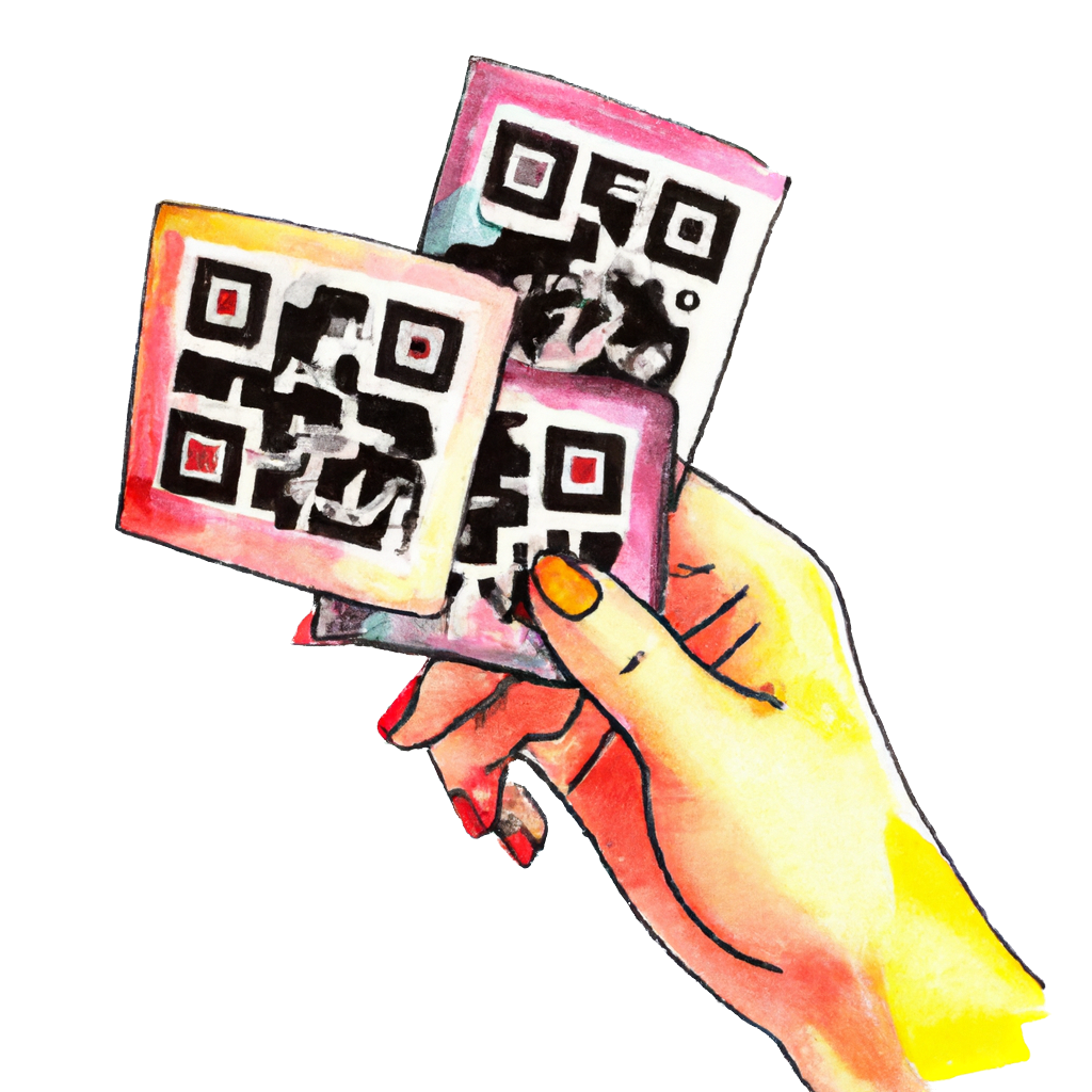 Illustration of a hand, holding 3 QR codes